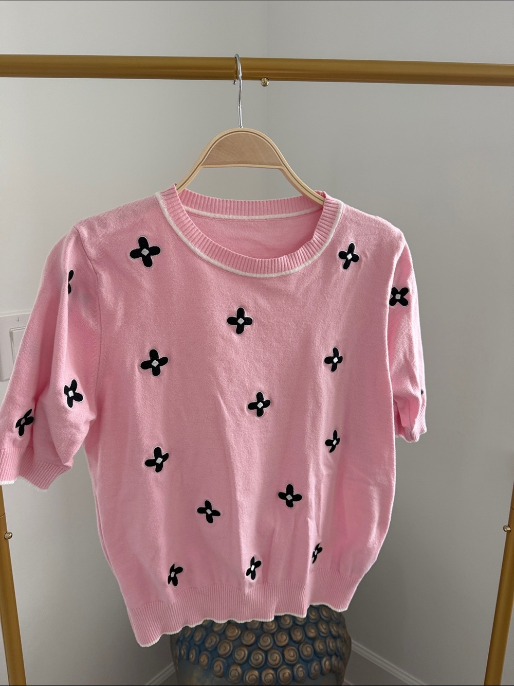 Pink Short Sleeve Sweater with Black Floral Motifs